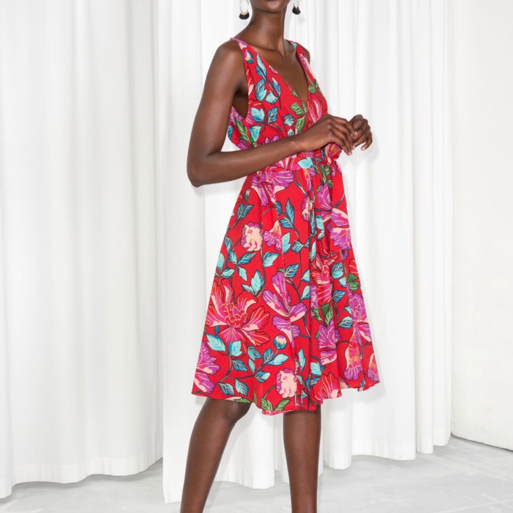 And other stories peony print v-neck midi dress